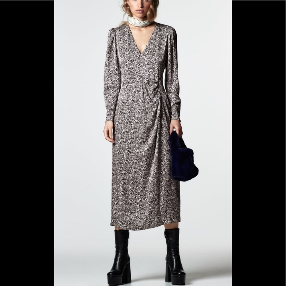 Zara Dress Women XS printed long sleeves v neck with slit Midi Puff Sleeve Wrap